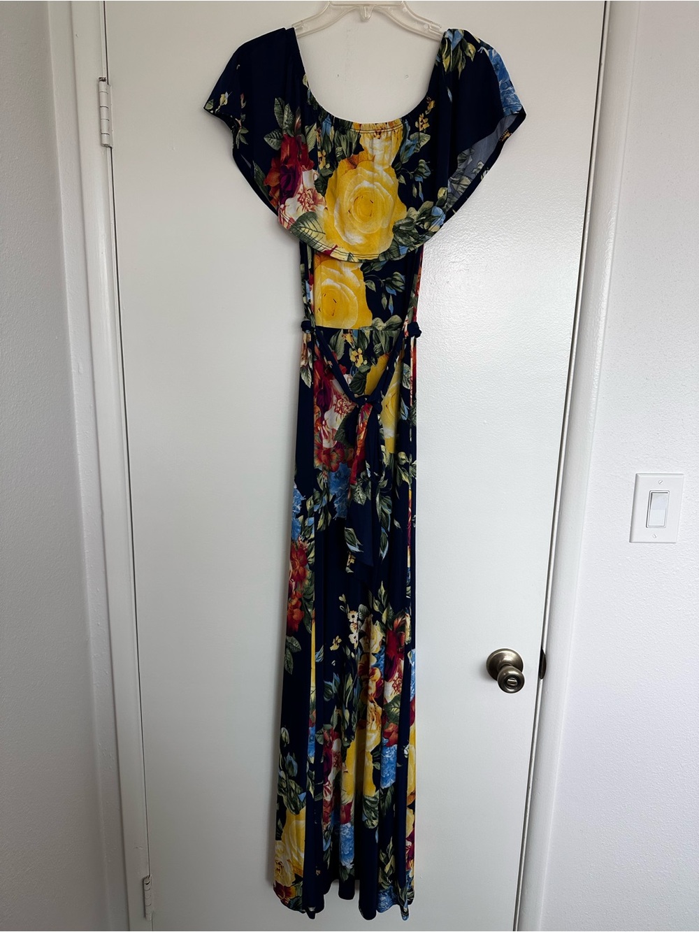Floral Maxi Dress Off the Shoulder; Navy with Rose Print